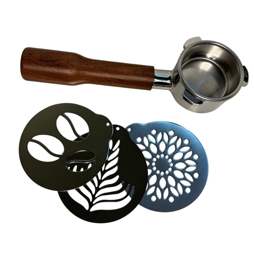 54mm Bottomless Portafilter Coffee Espresso Filter Wooden Handle Latte Stencils